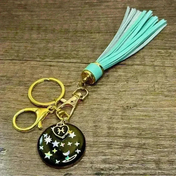 Hand Crafted Medallion Pisces Charm and Teal Tassel Gold Tone Keychain - Picture 2 of 2
